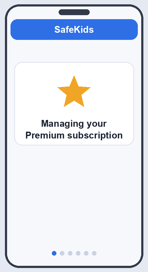 Opening Settings, viewing the subscription screen, starting the free trial, and choosing a plan in the SafeKids360 app