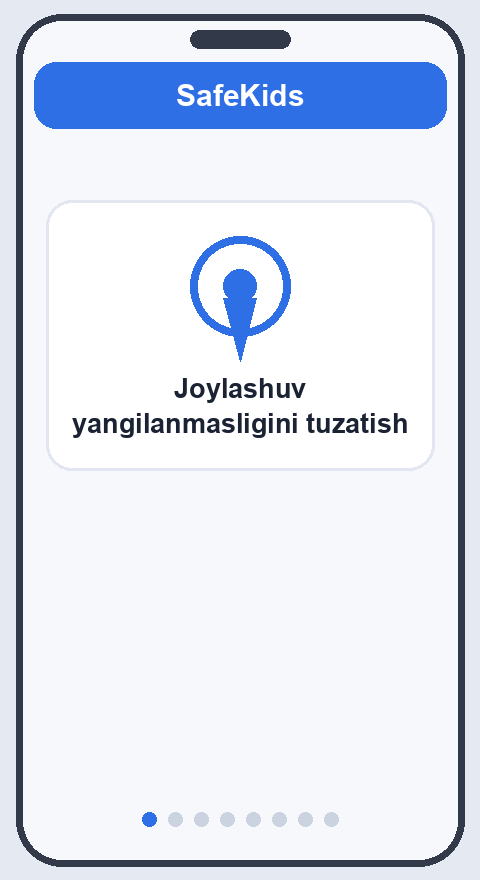Joylashuvni tuzatish bosqichlari: AlvaKids ruxsatlarini ochish, joylashuvga doimo ruxsat berish, aniq joylashuvni yoqish, batareyani cheklashni o'chirish
